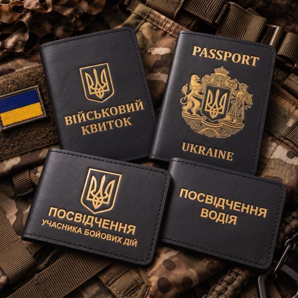Набір обкладинок: військовий квиток, УБД, посвідчення водія та Passport (чорний, золоте тиснення) N11A1D фото