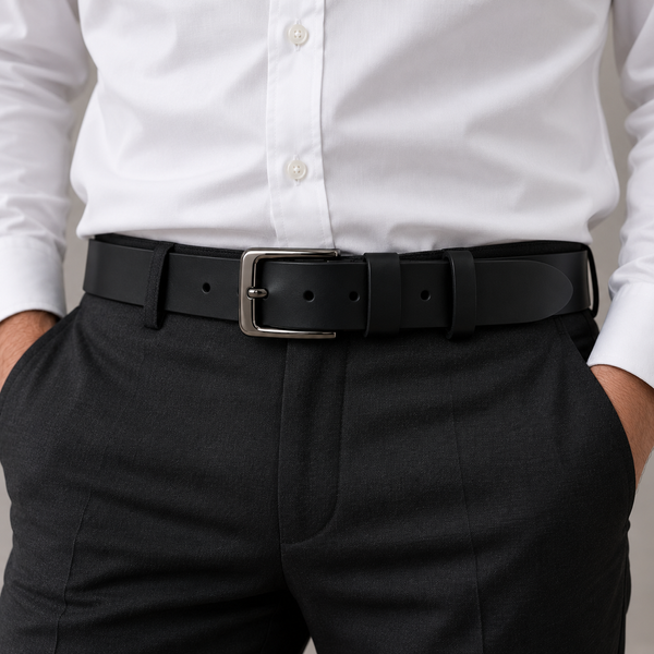 Black Leather Belt with a Dark Nickel Buckle